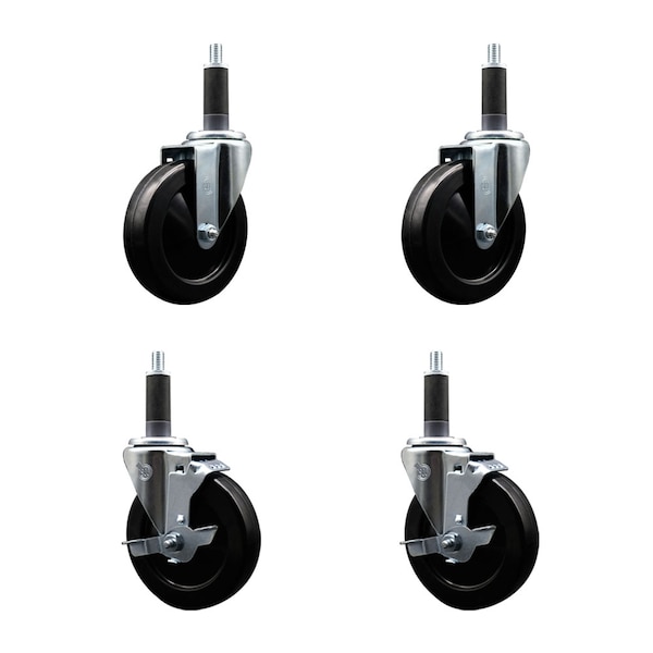 5'' Soft Rubber Wheel Swivel 1'' Expanding Stem Caster Set 2 Brakes, 4PK